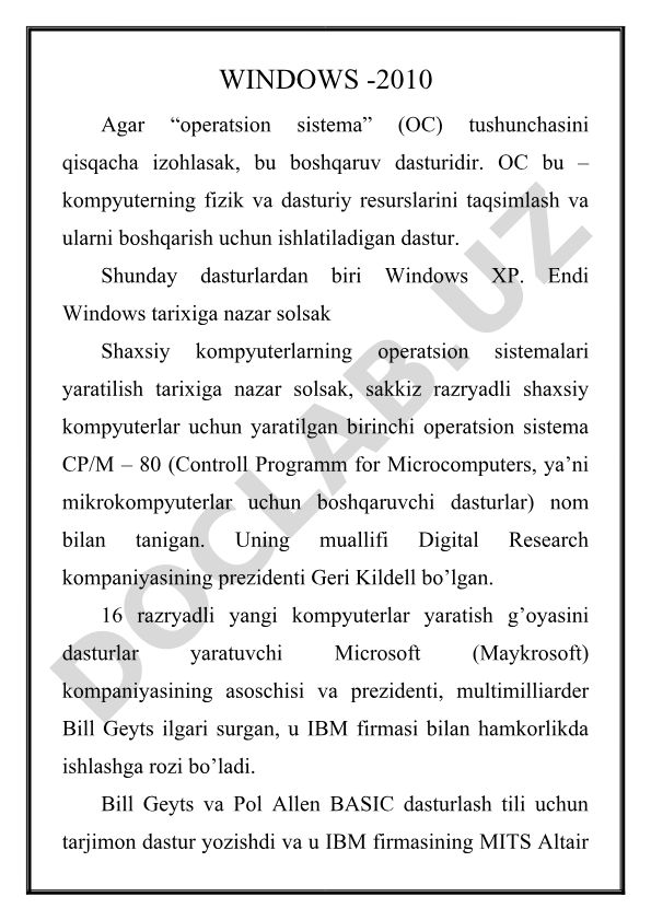 Windows operatsion sistemalari tarixi va xususiyatlari