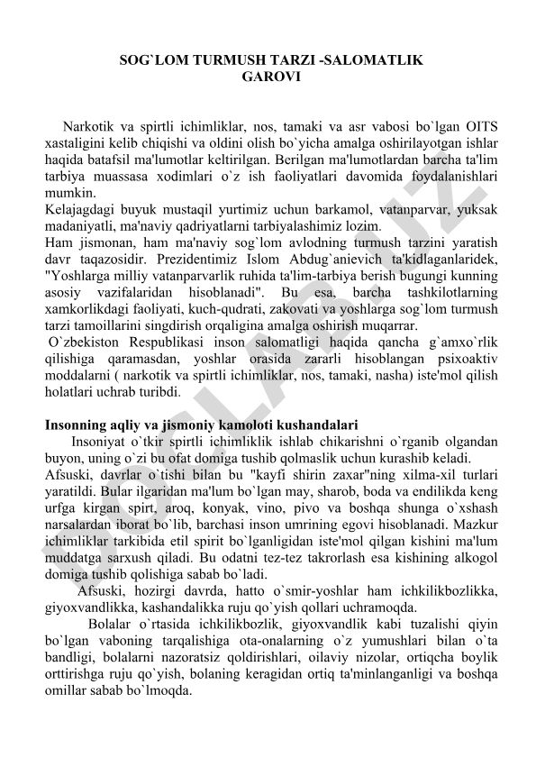 Sog'lom turmush tarzi va zararli odatlarning oldini olish