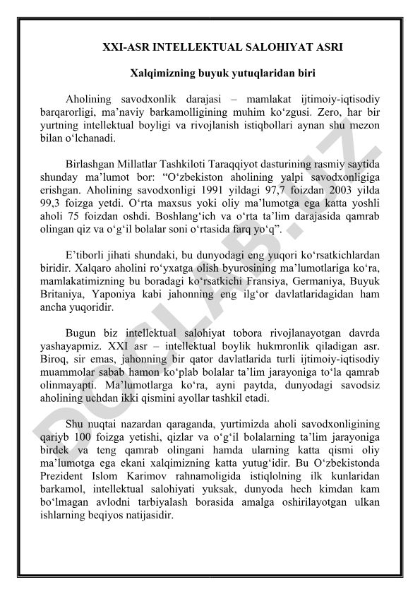 XXI asrda intellektual salohiyat va savodxonlik darajasi