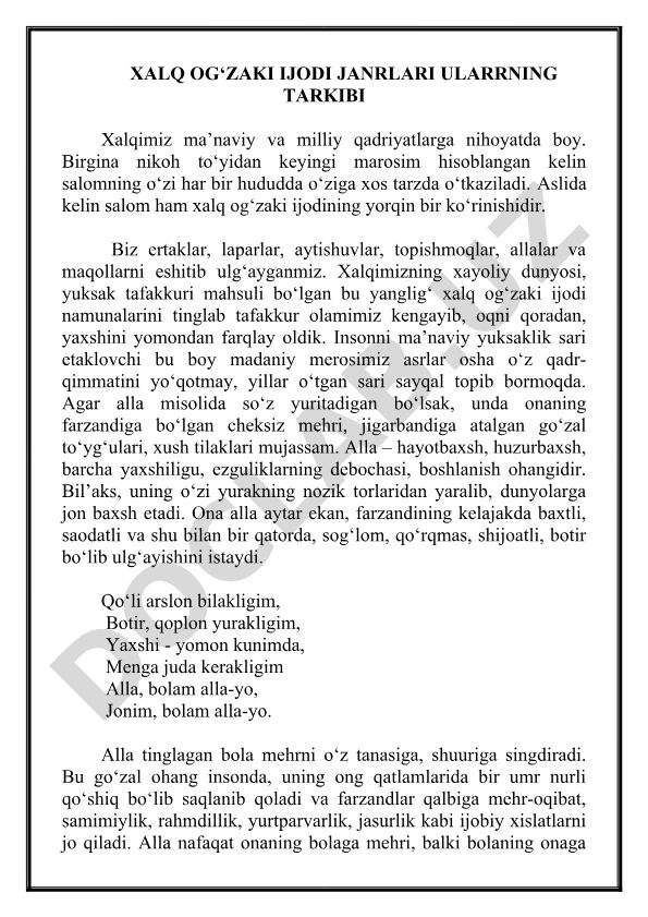 Xalq og‘zaki ijodi janrlari va ularning tarkibi