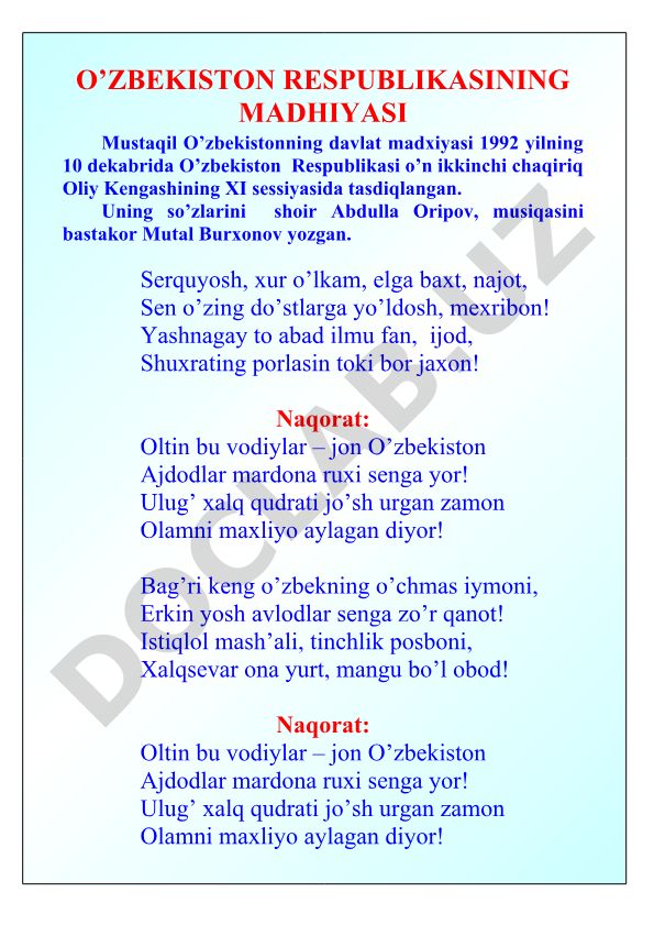 O'zbekiston Respublikasining davlat ramzlari va ma'muriy bo'linishi