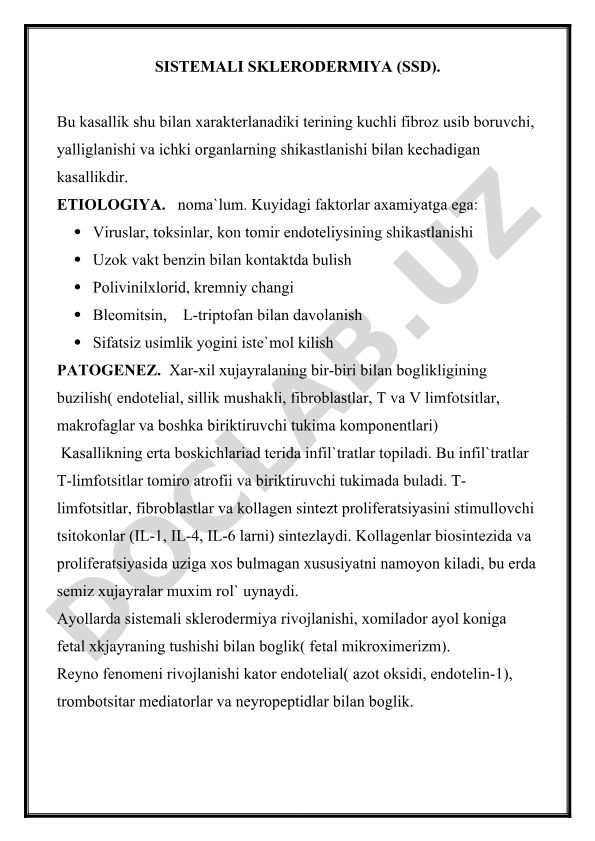 Sistemali sklerodermiya (SSD) kasalligi