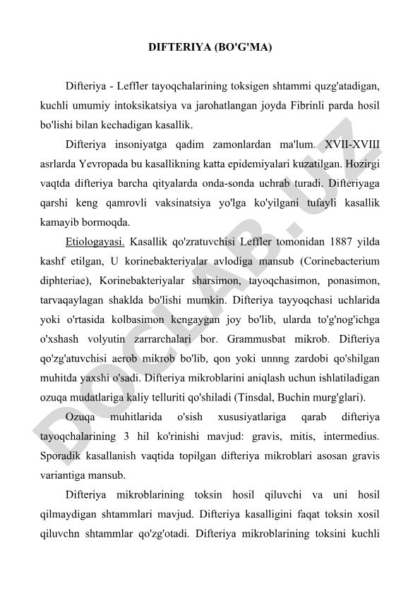 Difteriya (Bo'g'ma) kasalligi haqida ma'lumot