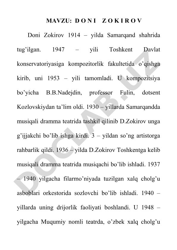 Doni Zokirov hayoti va ijodi