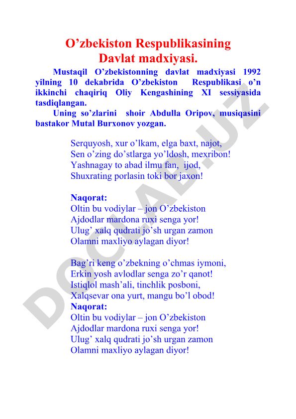 O'zbekiston Respublikasining Davlat madxiyasi va bayrog'i