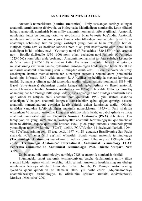 Anatomik nomenklatura: tarixi va rivojlanishi