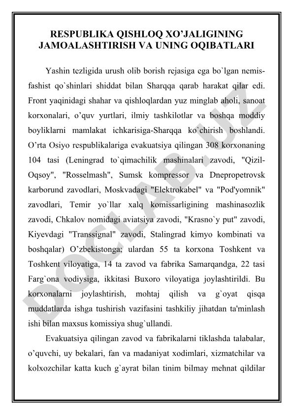 Respublika qishloq xo'jaligining jamoalashtirishi va uning oqibatlari