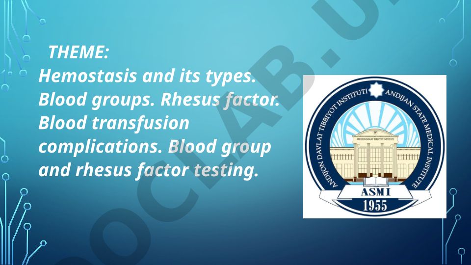 Hemostasis and its types. Blood groups. Rhesus factor. Blood transfusion complications. Blood group and rhesus factor testing