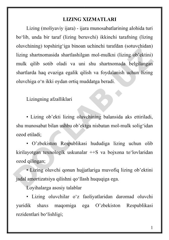 Lizing xizmatlari va loyihalar talablari