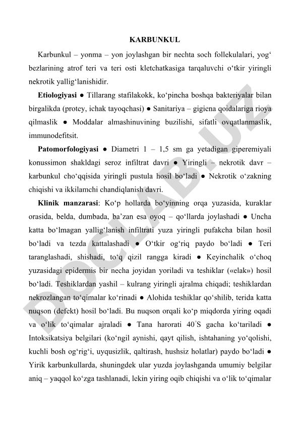 Karbunkul kasalligi: etiologiyasi, patomorfologiyasi va klinik manzarasi
