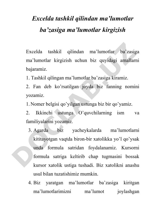 Excelda ma'lumotlar bazasiga ma'lumot kiritish