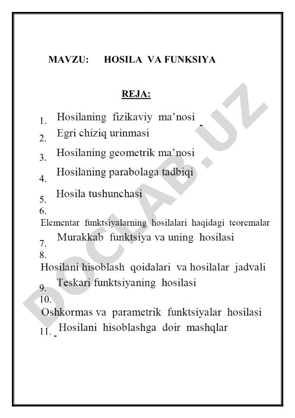 HOSILA VA FUNKSIYA REJA