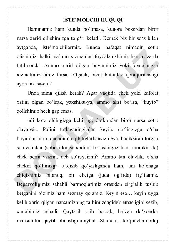 Iste'molchi huquqlari va chekning ahamiyati