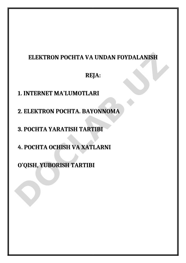 Elektron pochta va undan foydalanish rejasi