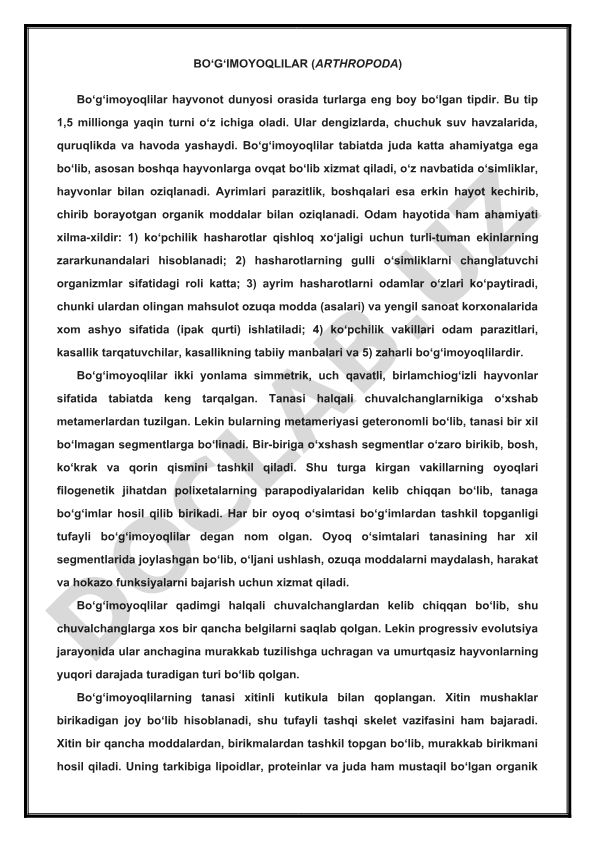 Bo‘g‘imoyoqlilar (Arthropoda) haqida umumiy ma'lumot