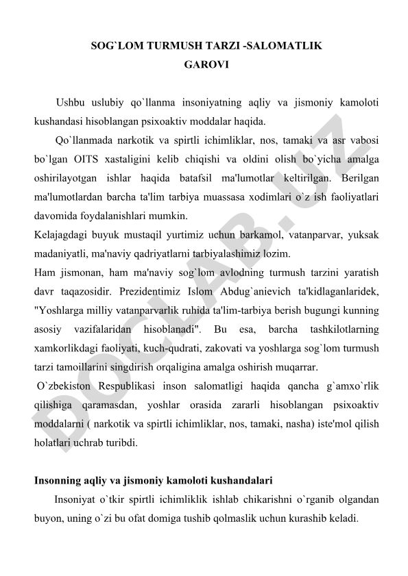 Sog'lom turmush tarzi va psixoaktiv moddalarning oldini olish