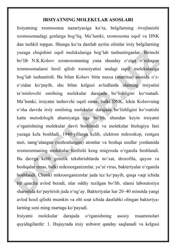 Irsiyatning molekular asoslari va xromosoma nazariyasi