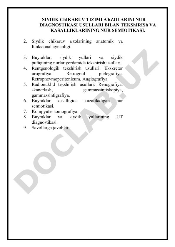 Siydik chiqaruv tizimi a'zolarini nur diagnostikasi usullari bilan tekshirish va kasalliklarning nur semiotikasi