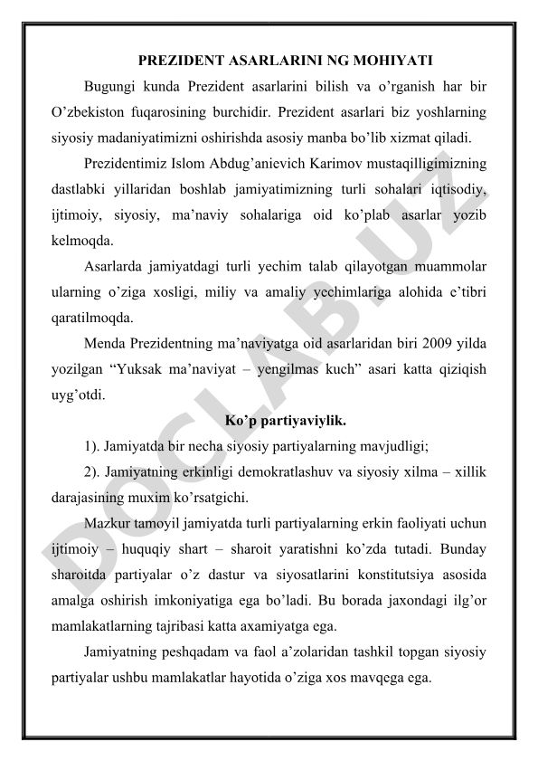 Prezident asarlarining mohiyati va ko'p partiyaviylik tamoyili