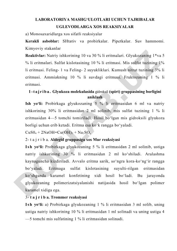 Uglevodlarga xos sifatli reaksiyalar laboratoriya tajribalari