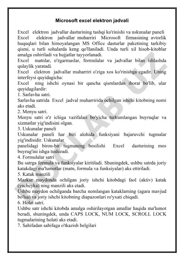 Microsoft Excel elektron jadvallar dasturining tashqi ko'rinishi va uskunalar paneli