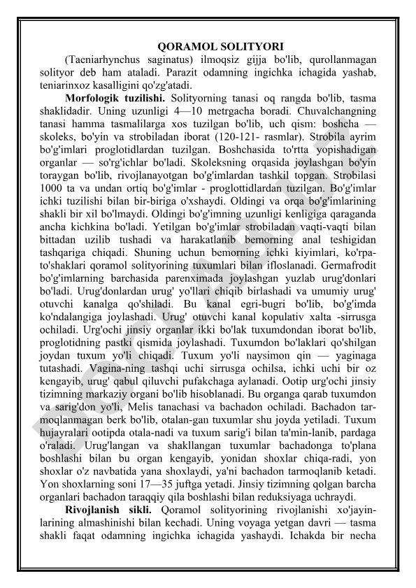 Qoramol solityori (Taeniarhynchus saginatus) morfologiyasi va kasallik qo'zg'atishi