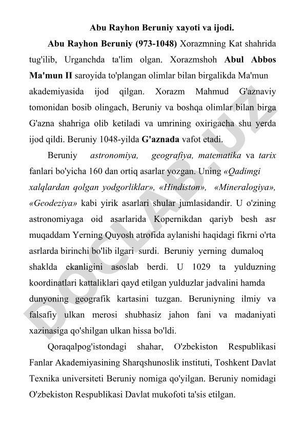 Abu Rayhon Beruniy xayoti va ilmiy merosi