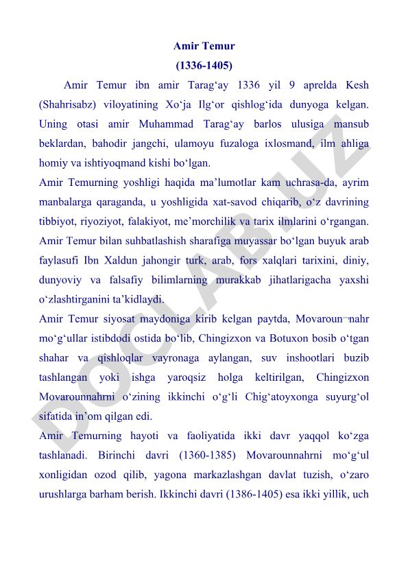 Amir Temurning hayoti va faoliyati