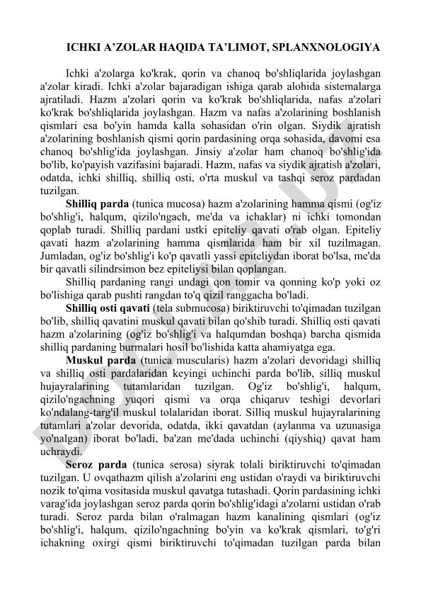 Ichki a'zolar tuzilishi va funktsiyalari