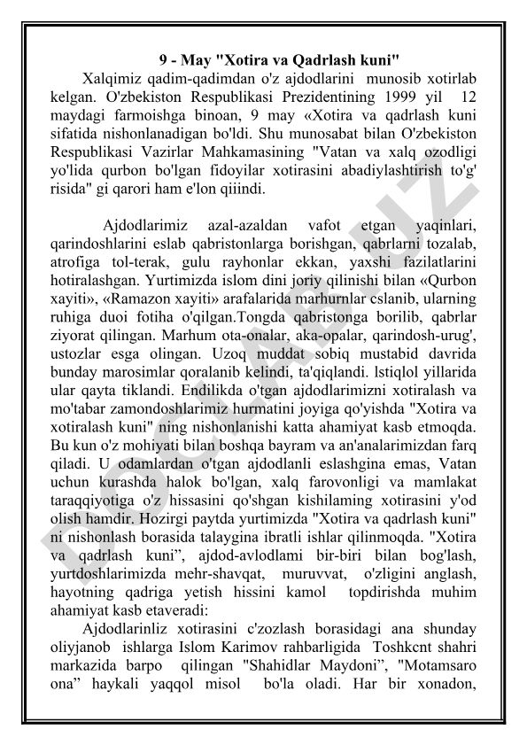 9-may Xotira va Qadrlash kunining tarixi va ahamiyati