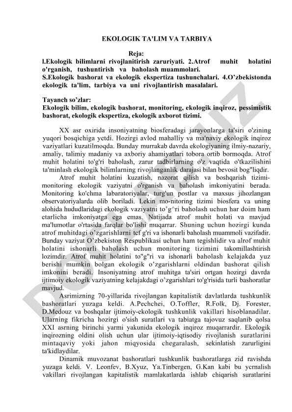 Ekologik ta'lim va tarbiya