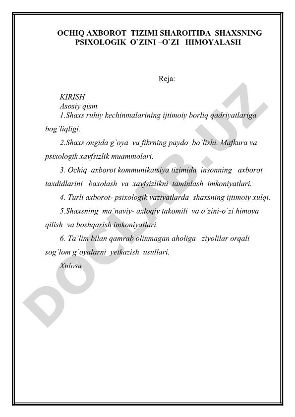 Ochiq axborot tizimi sharoitida shaxsning psixologik o'zini-o'zi himoyalash