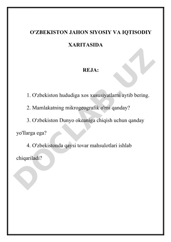 O'zbekistonning geografik va iqtisodiy o'rni