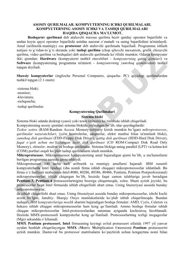 Kompyuterning ichki va tashqi qurilmalari haqida ma'lumot