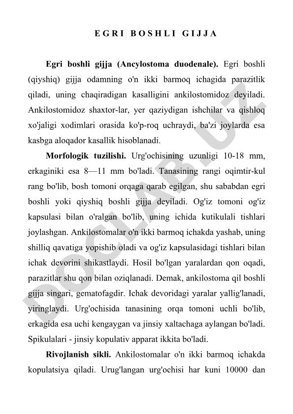 Egri boshli gijja (Ancylostoma duodenale) morfologiyasi va ankilostomidoz kasalligi