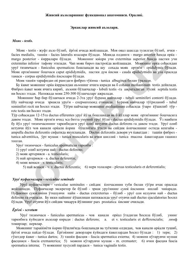 Жинсий аъзоларининг функционал анатомияси