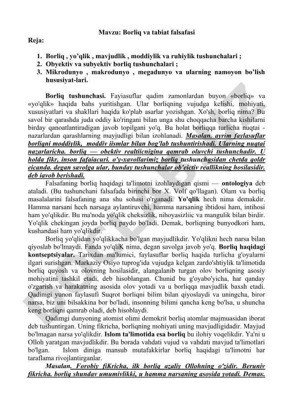 Borliq va tabiat falsafasi