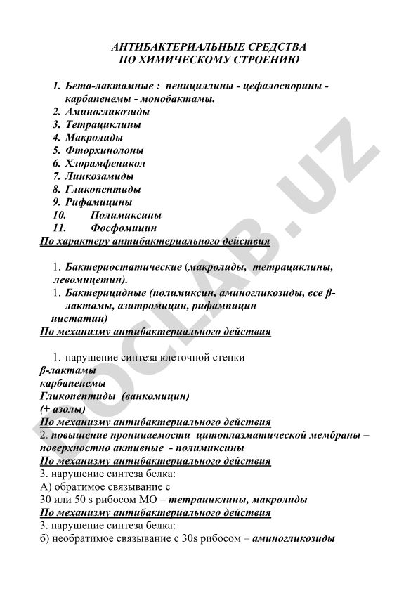 Антибактериальные средства по химическому строению и механизму действия