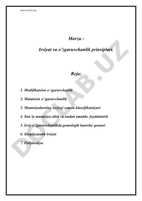 Irsiyat va o’zgaruvchanlik prinsiplari