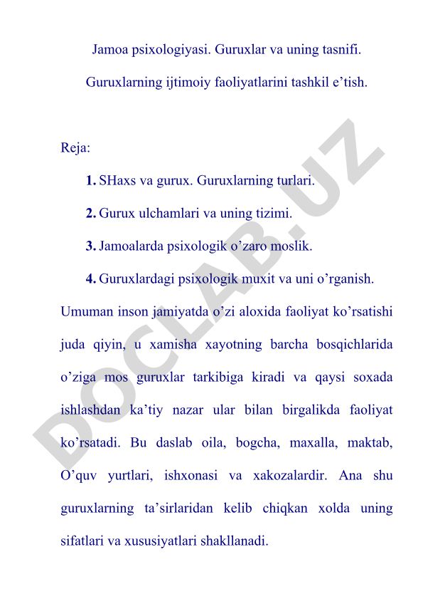Jamoa psixologiyasi: guruhlar tasnifi va ijtimoiy faoliyat tashkil etish