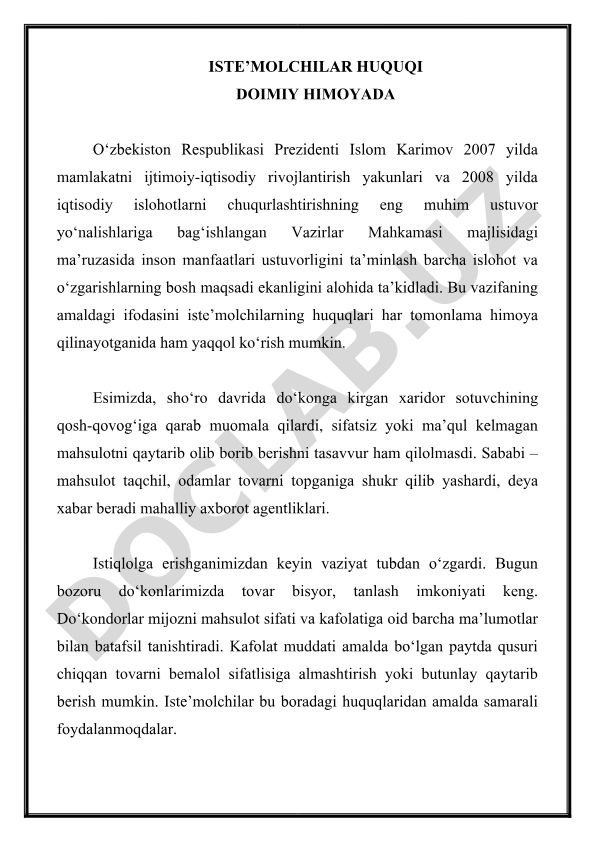Iste'molchilar huquqining himoyasi va O'zbekistonda bozor munosabatlarining o'zgarishi