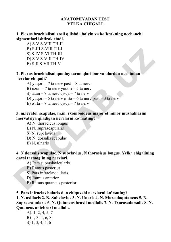 Yelka chigalining anatomiyasi test savollari