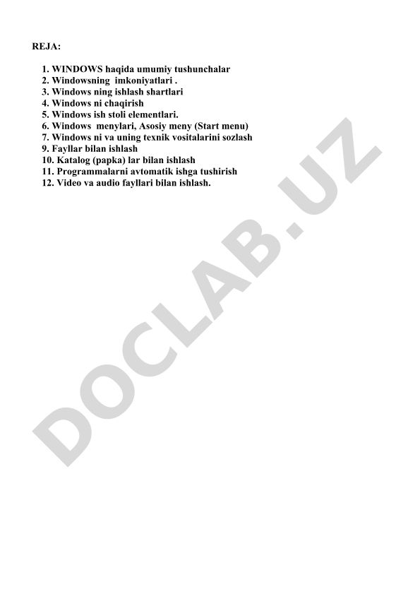 Windows operatsion tizimi haqida umumiy tushunchalar va ishlash