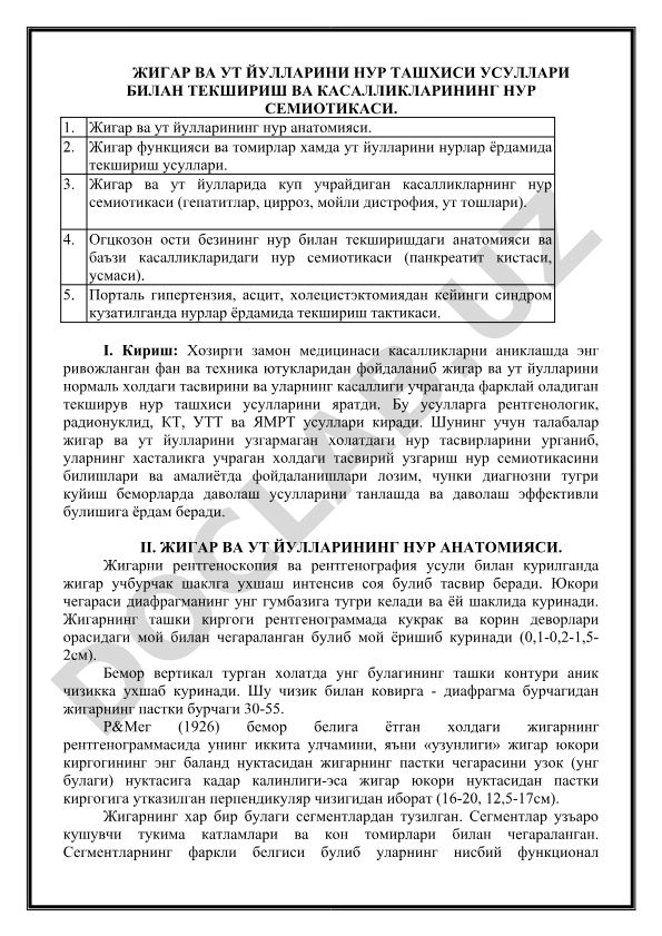 Жигар ва ут йулларини нур ташхис усуллари билан текшириш ва касалликларининг нур семиотикаси