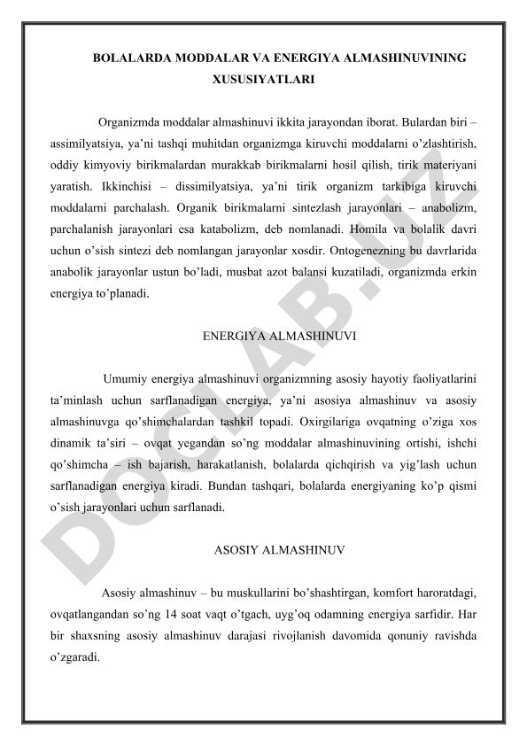Bolalarda moddalar va energiya almashinuvining xususiyatlari