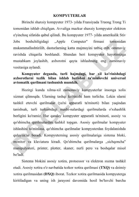 Kompyuterlarning tarixi va tuzilishi
