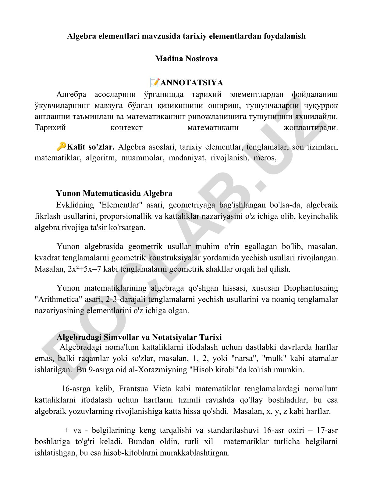 Algebra elementlari mavzusida tarixiy elementlardan foydalanish