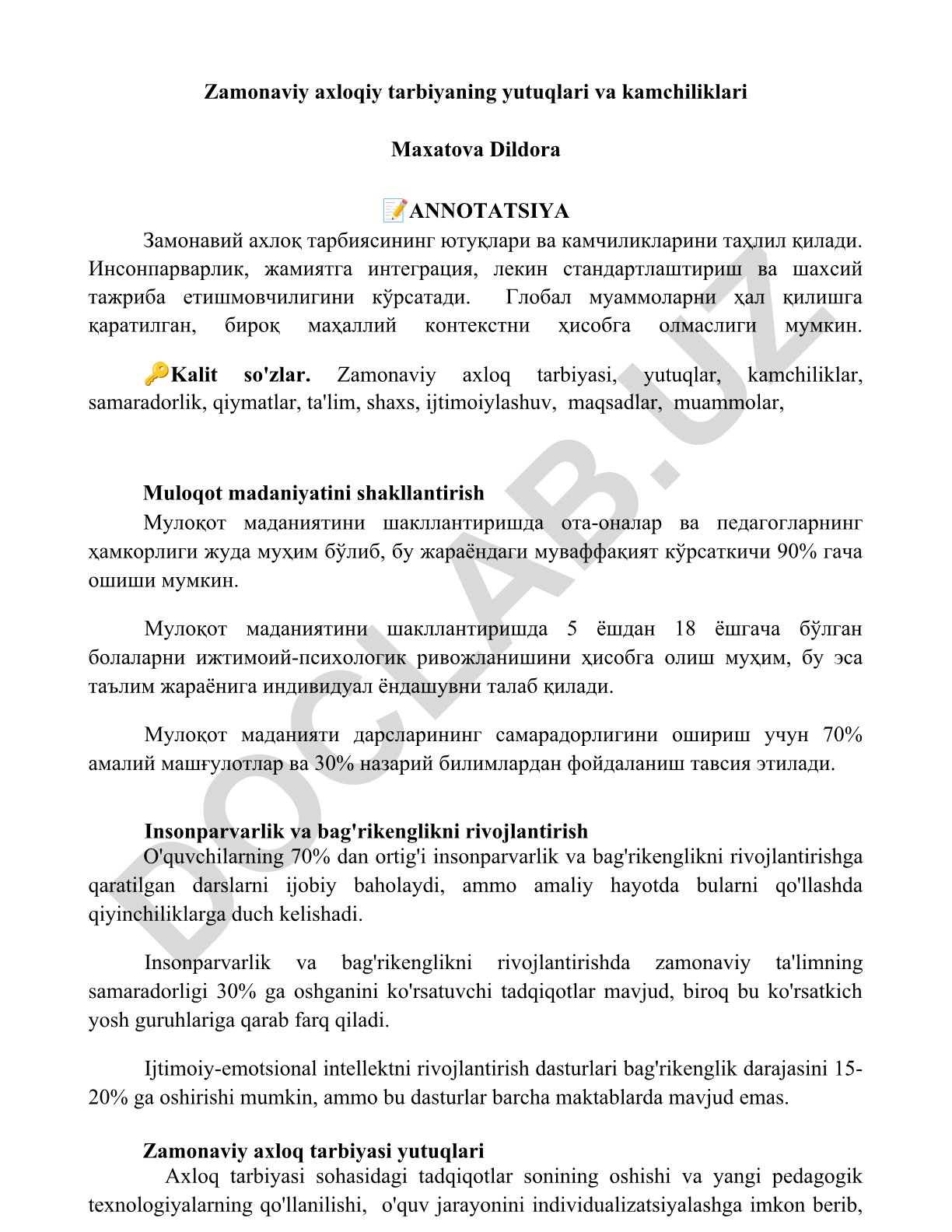 Zamonaviy axloqiy tarbiyaning yutuqlari va kamchiliklari