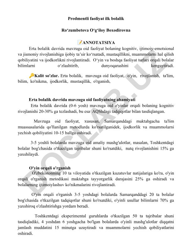 Erta bolalik davrida mavzuga oid faoliyatning ahamiyati