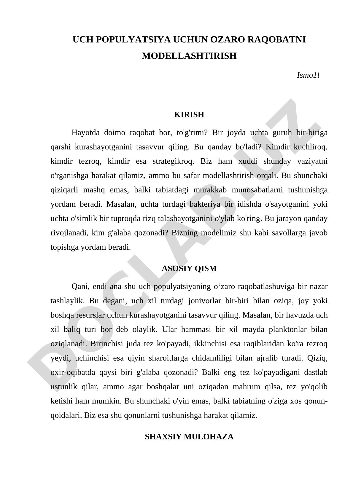 Uch populyatsiya uchun o'zaro raqobatni modellashtirish